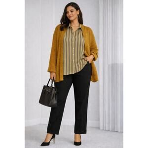 Womens Size Large 4 Piece Outfit Mustard Cardigan Blouse Black Pants Tote